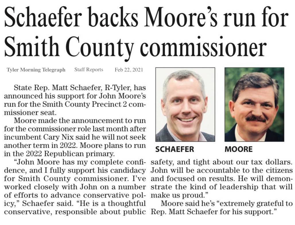 Matt Schaefer supports John Moore for County Commisioner